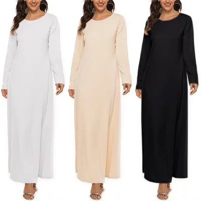 New Summer Muslim Basic Inner Dress with Long Sleeves 220g 95% Cotton Natural Waistline Simple Fashion Element and Belt
