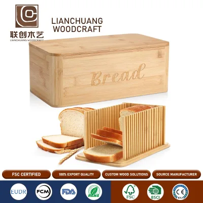 3 in 1 Bamboo Breadbox Removable Cut Board Bread Box with Bread Slicer Storage Container Food Storage with Bamboo Lid