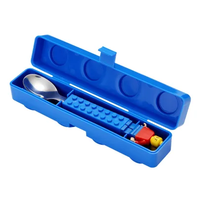 Cartoon Steel Tableware Set Portable Stainless Kids Fork Spoon Building Block & Jigsaw Puzzle Toys Made with Silicone Silica Gel