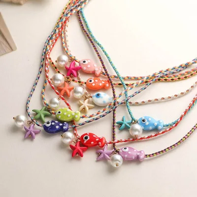Trendy Boho Hand Braided Multicolor Cord Necklace Ceramic Polka Dot Fish & Starfish Pendant With Pearl Women Jewelry