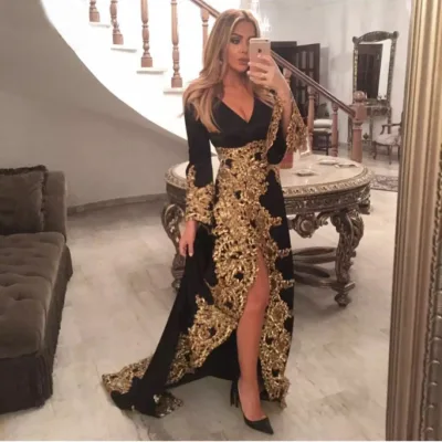 Real Sample Black and Gold Lace a Line Long Sleeve Evening Dress for Muslim Women