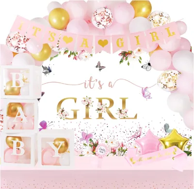 Pink Balloons Arch Its Girl Poster Banners Balloons Boxes Table Cloth Mummy to Be Sash for Baby Shower Gender Reveal Party Decor