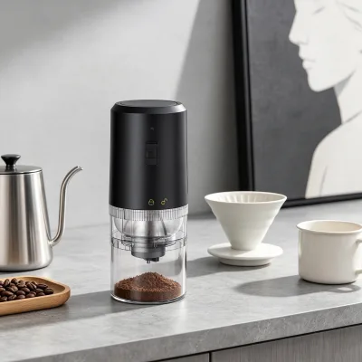 Smart One-touch Start Stainless Steel Electric Coffee Grinder Eco-friendly Portable Design Amber Transparent Powder tank Low