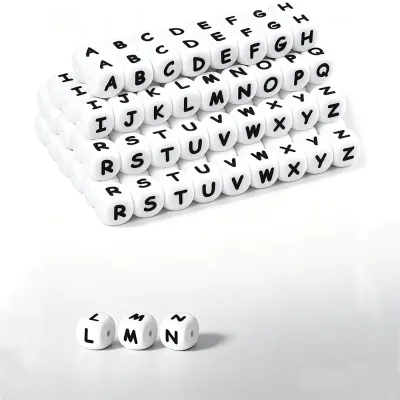 Factory 20pcs/bag Handmade 12MM Alphabet Letter Silicone Beads for Baby Molar Teething English Design Square Craft Supplies