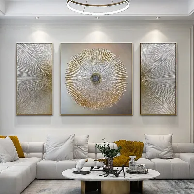 3 Panel Luxury Gold Foil Handmade Abstract Sunburst Wall Painting for Home Hotel Decor