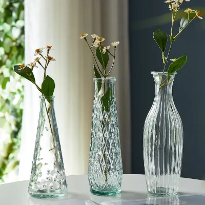 French Vintage Small Vase Embossed Glass Vase Transparent Hydroponic Flower Arrangement Living Room Decorative Vase