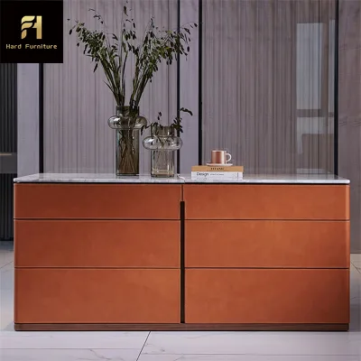 High End Marble Top Drawer Storage Cabinet Luxury Wood Orange Leather Living Room Furniture Sideboard