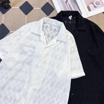 2026 Summer Lightweight Breathable Hollow-out Short Sleeve Shirt Korean Style Premium Cuban Collar Half Sleeve Blouse