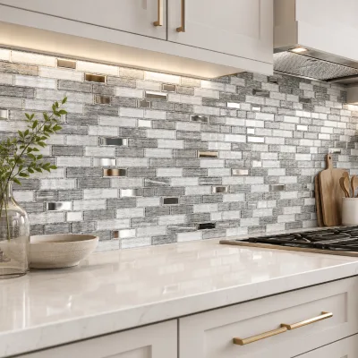 White Gray Laminated Glass Mosaic Tile Silver Accent Decorative Kitchen Backsplash Wall Tile for Hotel Villa Spa