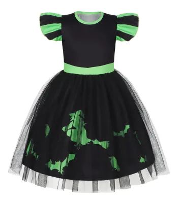 Black Witch Costume Girls Halloween Toddler Kids Machine Wash Polyester Organza Dresses Flutter Sleeves 100-150cm Girl Clothes
