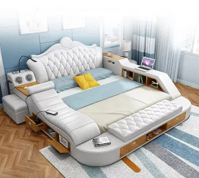 High-end Multifunctional Bed with Massage Chair, Storage Rack and Safe with Bedside Height Adjustable Desk Bed