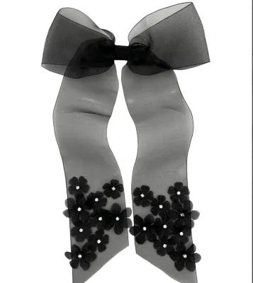Elegant Hair Clip Made of Organza with Flower Applique in Black Statement Hair Bow