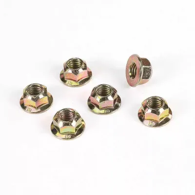 China Factory Grade 8 Steel Zinc Plated Yellow Color No Serrated Metal Insert Hex Flange Lock Nut DIN 6927
