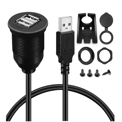 12V  Waterproof Dual USB  Panel Mount Extension Cable for Car Truck Boat Motorcycle Dashboard Panel 1M 2M