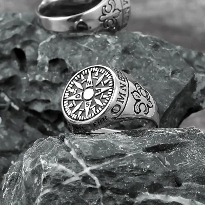 European and American Retro Viking Nordic Pirate Compass Small Letter Stainless Steel Ring Men's Dressing Accessories Gift