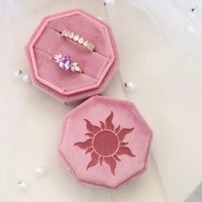 Two Slots Octagon Custom Sun Star Embossed Jewelry Packaging Box Earrings Ring Organizer Vintage Velvet Wedding Ring Jewelry Box
