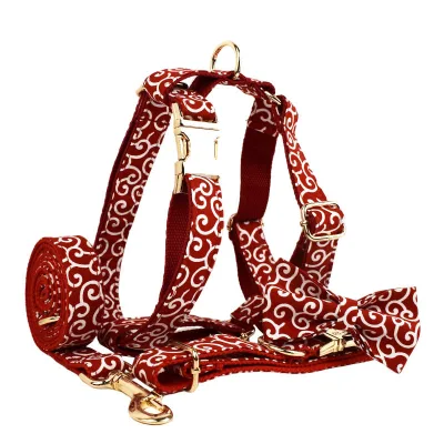 Red Peony-Pattern Dog Collar Harness Leash Set-Fabric Material Custom Engraving Available