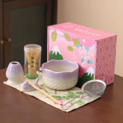 Traditional Japanese Matcha Ceremony Kit,Bamboo Whisk & Spoon,Pour-Spout Ceramic Bowl,Full Matcha Tools Set for Gifting