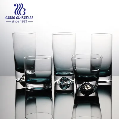 Solid Color Glass Drinking Cups 380ml Blue Color Stemless Wine Glass Handmade Highball Glass Cups with Gold Bottom
