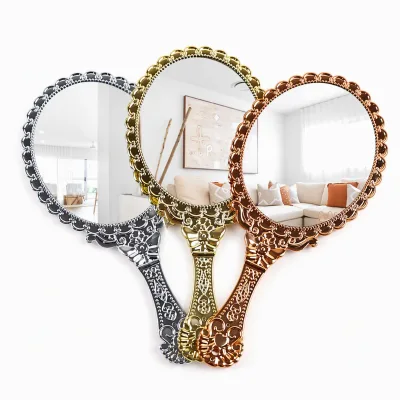 Vintage Handheld Makeup Mirror Antique Vacuum Plating Cosmetic Vanity Hand Mirror Embossed Compact Hand Mirror With Handle