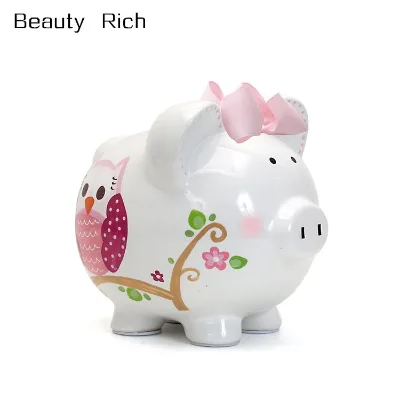 Animal Ceramic Bank   Ceramic Piggy Bank for Girls, Pink Dotted Owl