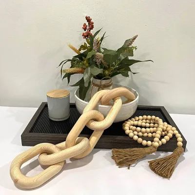 Decorative Wooden Link Chain Bead Garland Set Handmade 5-Link Pinewood Chain 2pcs Hand Carved Bead Garland with Tassel Modern
