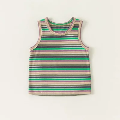 Custom logo Kid Vest Children Summer Holiday Top Wear Cotton Wholesale Boys Clothing Toddler Boy Striped Crew Neck Tank Top