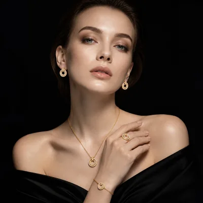 Vintage Geometric Round Gold Plated Brass Zircon Jewelry Set Exquisite Micro-set Four Piece Gift Set