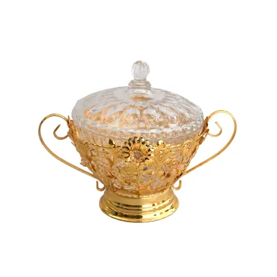 Gold Metal Wedding Decoration Fruit Bowl Dinnerware Glass Sugar Pot with Handle