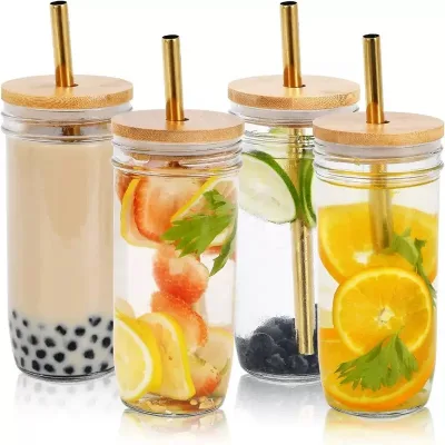 Aikeyi Factory 24oz Minimalist Glass Coffee Mug Bamboo Lid Stainless Steel Straw Dishwasher Safe for Travel Office Home Gifts