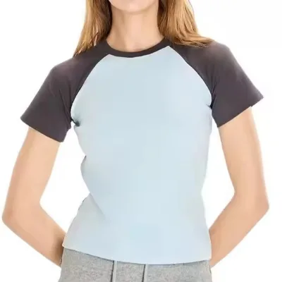 Fashion Cotton Spandex Plain Round Neck Tshirt Custom Raglan Sleeve Women Tshirt Slim Fit