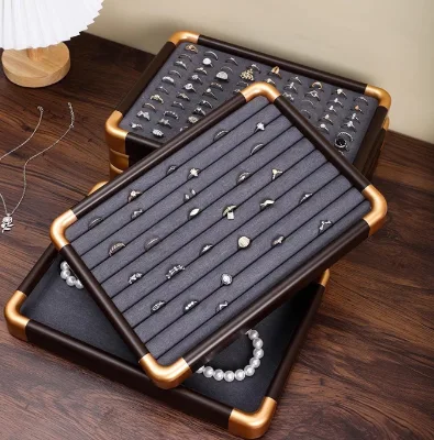 Luxury Metal Corner Velvet Ring Display Tray Jewelry Storage Organizer Tray For Retail Shop Counter Showcase