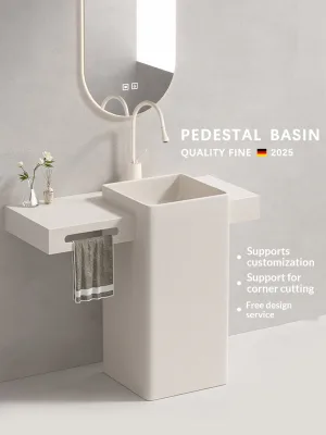 Customizable Modern Minimalism Quartz Countertop Ceramic Pedestal Sink Square Freestanding Self-Cleaning Nano Glaze Hotel