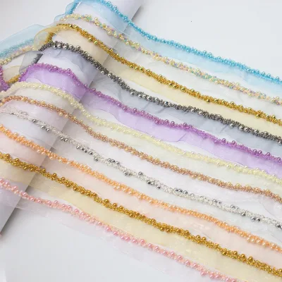 La002 Stock Single-Side Large Bead Lace Trim Handmade Pearl Collar Trim DIY Sewing Accessories for Garment Wedding Dresses