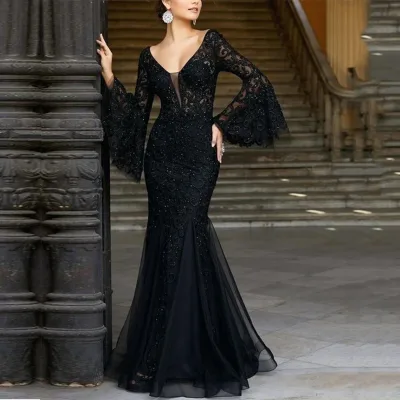 Women Lady Elegant Long Lace Evening Dress Sequin Evening Dress Long Sleeve Evening Dress
