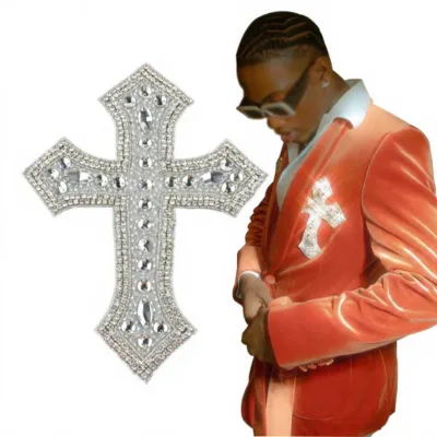 WRA-844 Easy to Apply Iron on Cross Rhinestone Applique for Men Clothing Garment