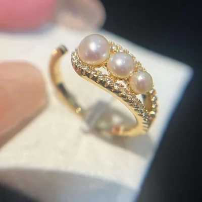 High-quality Freshwater Pearl Ring, Women's Pearl Jewelry Ring Natural Gold and Silver Gradient Water Droplet Ring, 3-6mm
