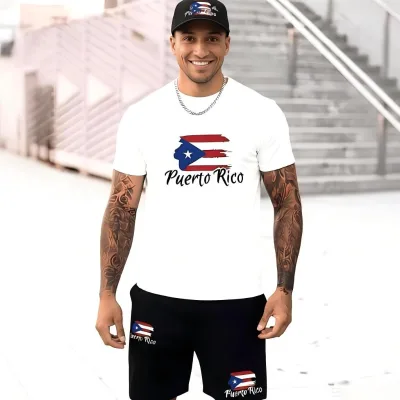 Wholesale Mens 3PCS Set Puerto Rico Flag T-Shirt Shorts Cap Carnival Wear Custom Logo Boricua 2027 Cruise Outfits Party Clothes