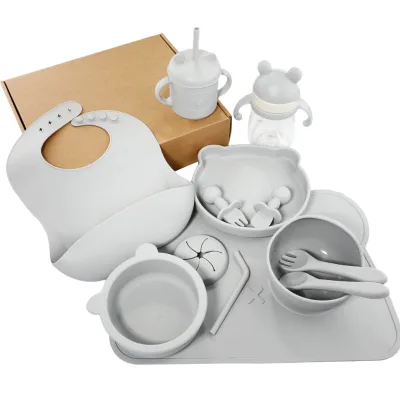 10-in-1 Baby Feeding Tableware Set BPA-Free Safety Silicone Plate Dinnerware Square Water Cup with Baby Bottle Dishware Cup Set