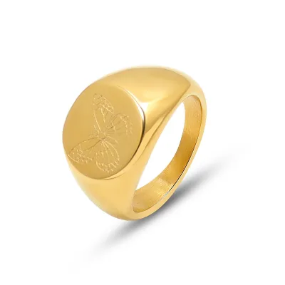 18K Gold Plated Stainless Steel Ring - Vintage Butterfly Peony Flower Design