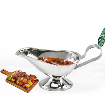 Hotel Commercial Spice Kitchen Restaurant Vinegar Sustainable Silver Stainless Steel Handle No Dripping Sauce Lip Gravy Boat