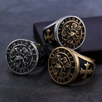 Men's Religious Spiritual Angel Ring Gold Plated Stainless Steel Archangel Cross Signet Wholesale Catholic Religious Jewelry