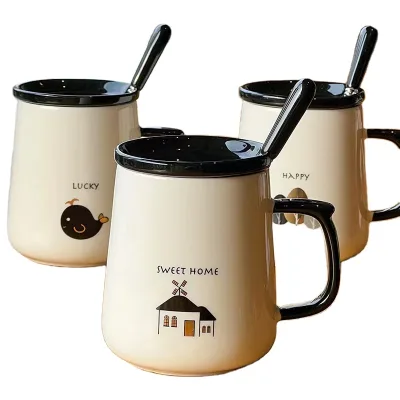 Hot Selling 2023 Modern Black and White Ceramic Mugs with Lid and Spoon Coffee Cup Water Cup Fathers Day Gift for Dad