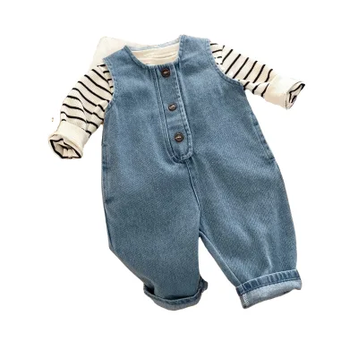 2025 Spring Casual 2-Piece Set A-Line Striped Top Denim Vest Natural Waistline