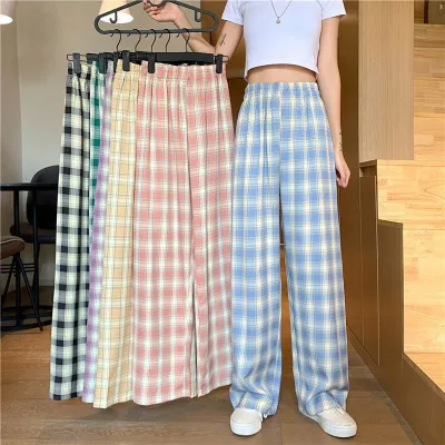 I-0412 High Waist Wide Leg Pants Women High Waist Casual Home Wear Pants Plaid Loose Straight-leg Pants