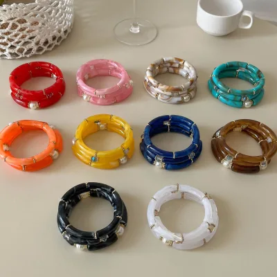 Wholesale Fashion Multi Layered Beaded Colored Geometric Acrylic Imitation Pearl Handmade Bracelet Bangle Set for Women Jewelry