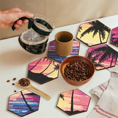 Hot -selling New DIY Seaside Style Beach Coconut Tree Settlement House House Supplies Diamond Painting coaster