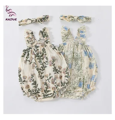 Summer Baby Girl Onesie with Flounced Sleeves Cute Cotton Gauze Romper ODM Button Closure Breathable and Thin