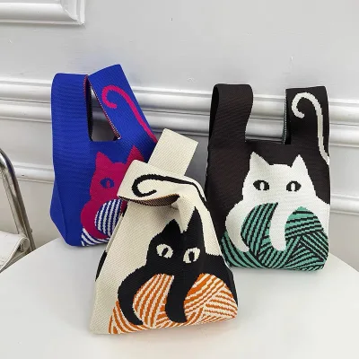 Multi-style Printing Knitted Bucket Bag Female Casual Crochet Knitted Handbags Wrist Style Bags