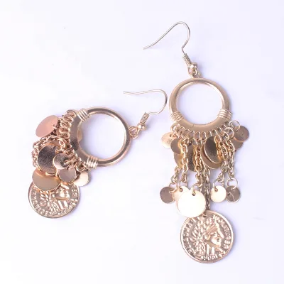 Retro Gold Gypsy Coins Portrait Tassel Drop Earrings